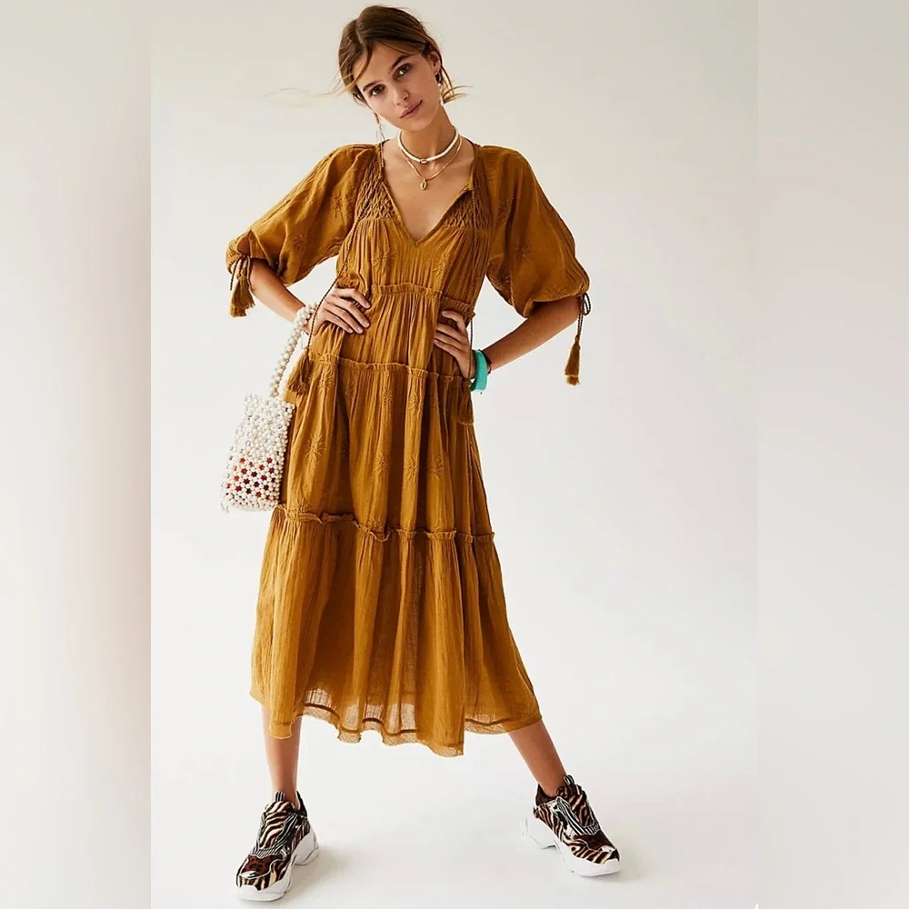 FREE PEOPLE Celestial Skies Embroidered Tiered Midi Dress SIZE: XS - Picture 1 of 11